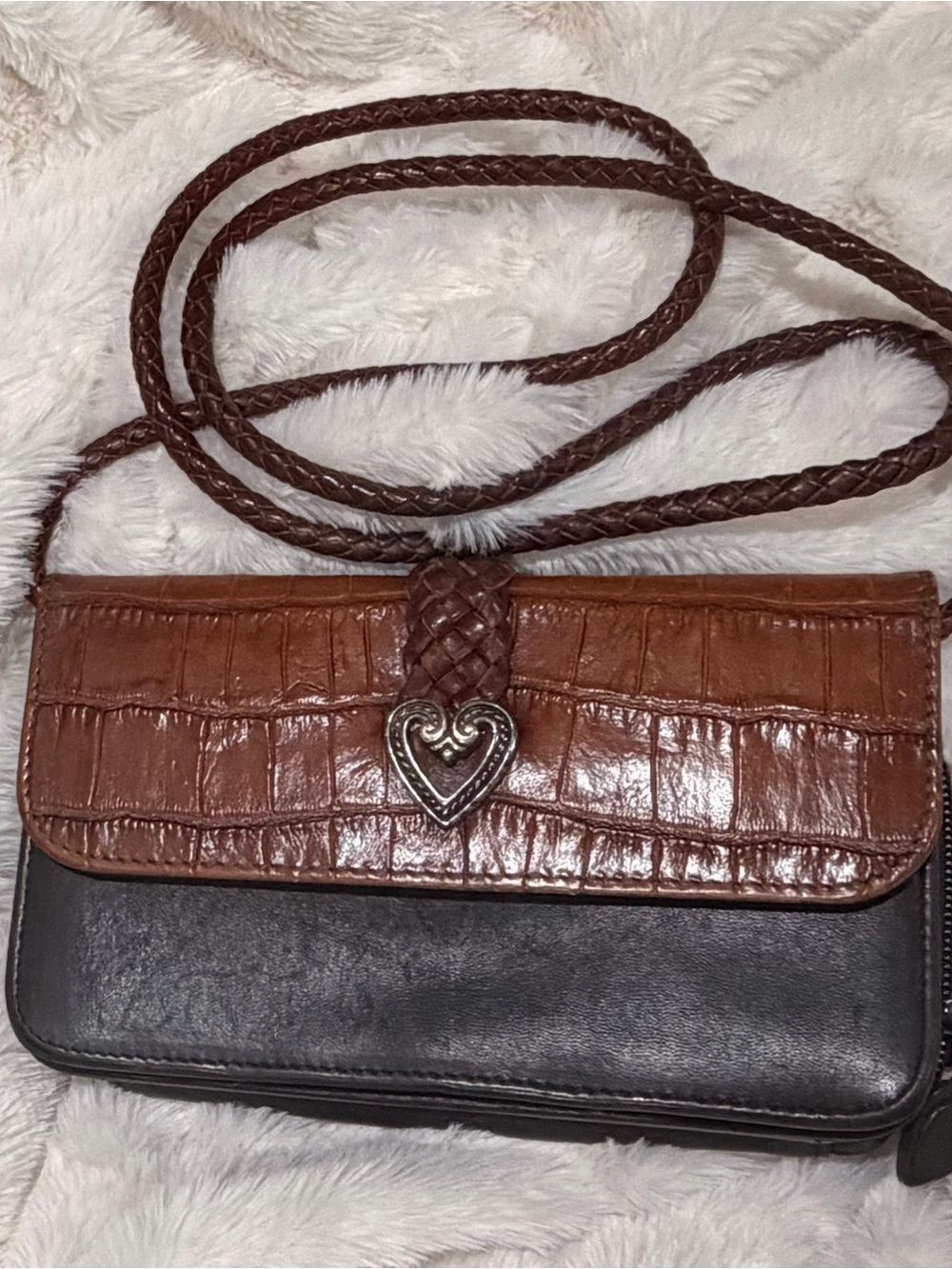 Brighton Two-Tone Brown and Black Croc-Texture Crossbody with Heart Clasp
